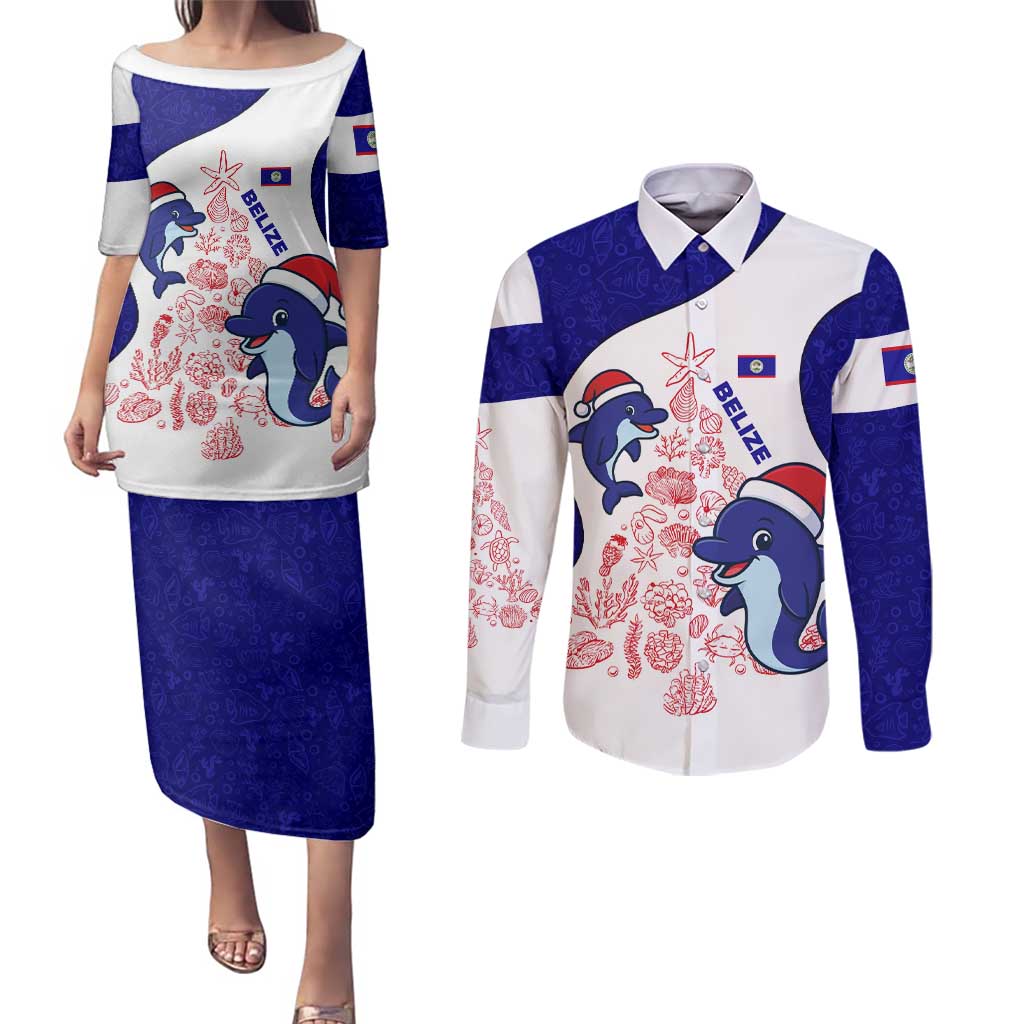 Belize Christmas Couples Matching Puletasi and Long Sleeve Button Shirt with Santa Dolphins Coral Reef and Ocean Holiday Theme - Wonder Print Shop