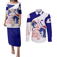 Belize Christmas Couples Matching Puletasi and Long Sleeve Button Shirt with Santa Dolphins Coral Reef and Ocean Holiday Theme - Wonder Print Shop