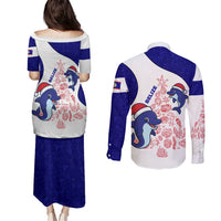 Belize Christmas Couples Matching Puletasi and Long Sleeve Button Shirt with Santa Dolphins Coral Reef and Ocean Holiday Theme - Wonder Print Shop