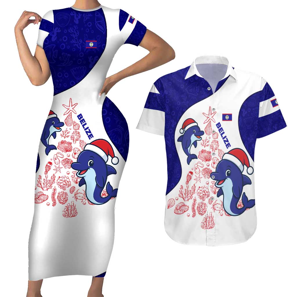 Belize Christmas Couples Matching Short Sleeve Bodycon Dress and Hawaiian Shirt with Santa Dolphins Coral Reef and Ocean Holiday Theme - Wonder Print Shop