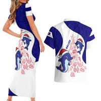 Belize Christmas Couples Matching Short Sleeve Bodycon Dress and Hawaiian Shirt with Santa Dolphins Coral Reef and Ocean Holiday Theme - Wonder Print Shop