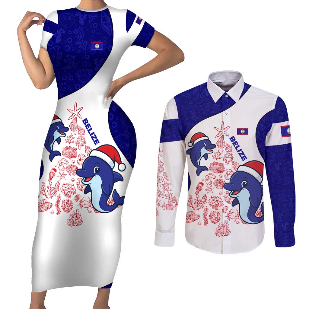 Belize Christmas Couples Matching Short Sleeve Bodycon Dress and Long Sleeve Button Shirt with Santa Dolphins Coral Reef and Ocean Holiday Theme - Wonder Print Shop