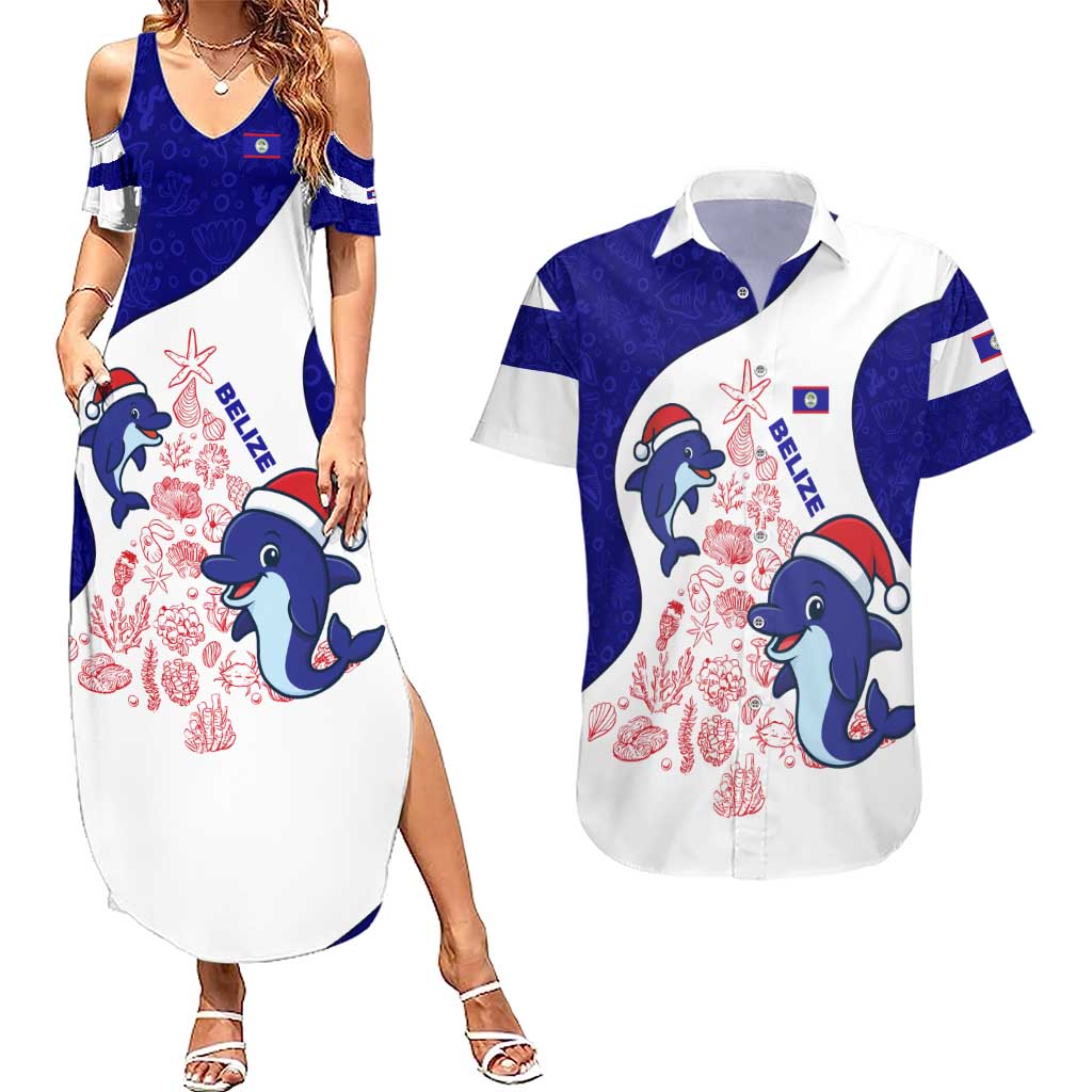Belize Christmas Couples Matching Summer Maxi Dress and Hawaiian Shirt with Santa Dolphins Coral Reef and Ocean Holiday Theme - Wonder Print Shop
