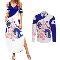 Belize Christmas Couples Matching Summer Maxi Dress and Long Sleeve Button Shirt with Santa Dolphins Coral Reef and Ocean Holiday Theme - Wonder Print Shop