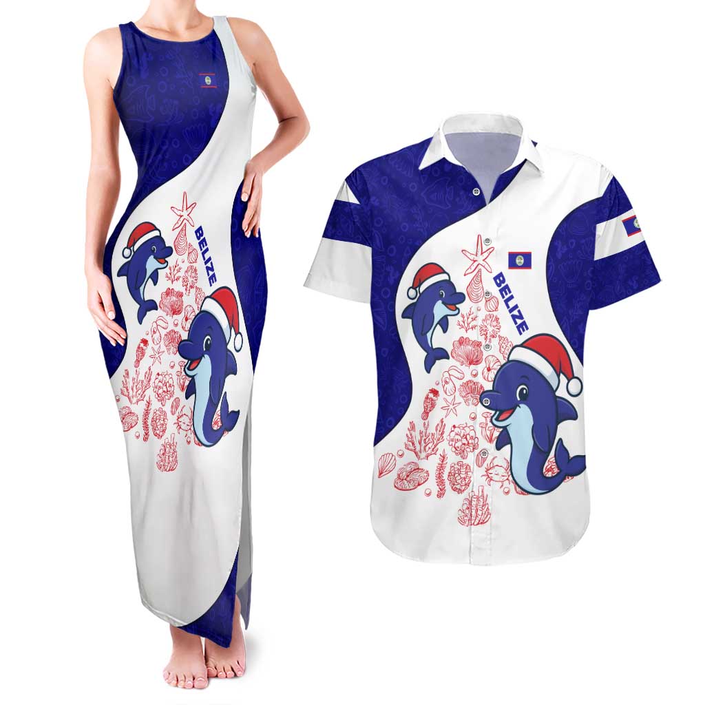 Belize Christmas Couples Matching Tank Maxi Dress and Hawaiian Shirt with Santa Dolphins Coral Reef and Ocean Holiday Theme - Wonder Print Shop