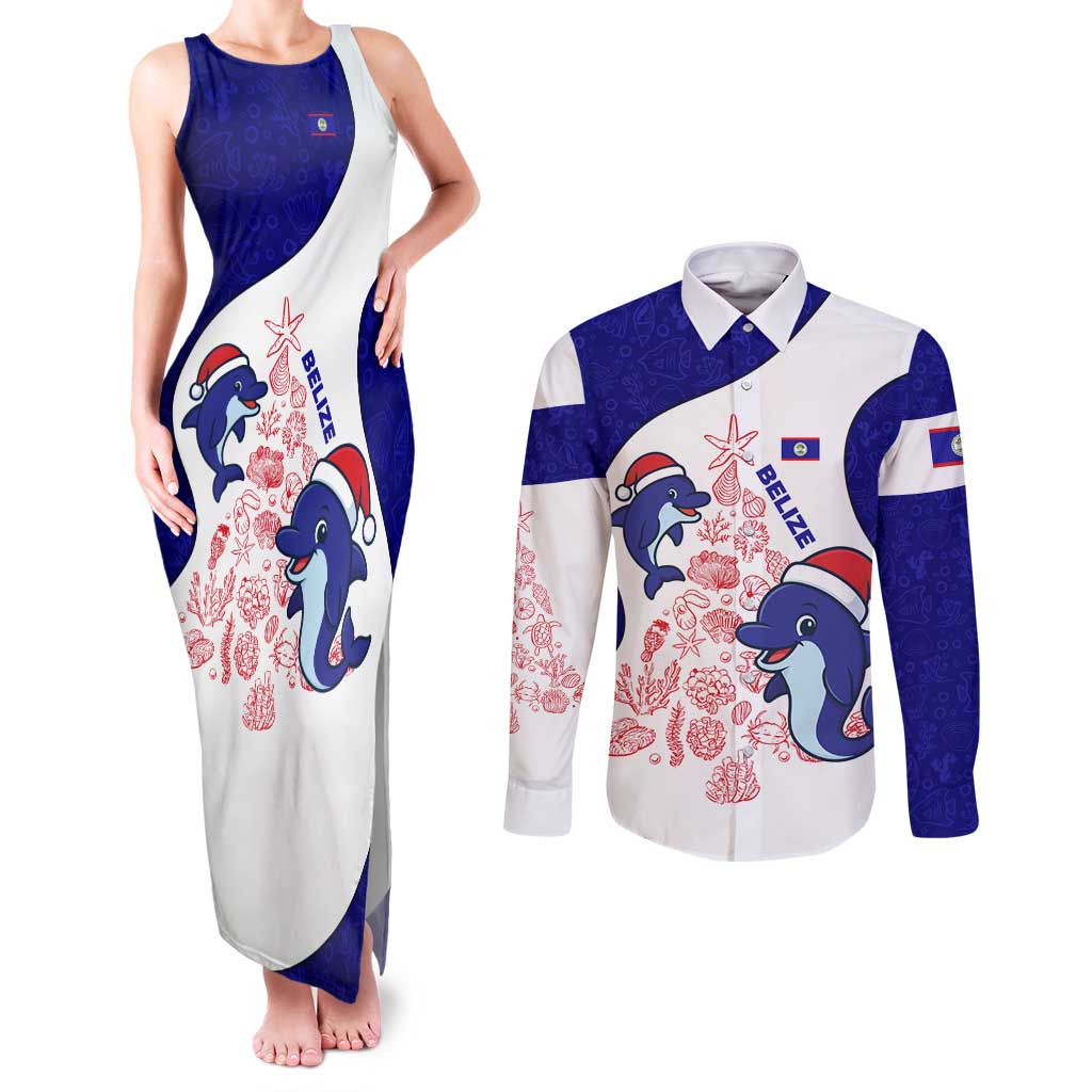 Belize Christmas Couples Matching Tank Maxi Dress and Long Sleeve Button Shirt with Santa Dolphins Coral Reef and Ocean Holiday Theme - Wonder Print Shop