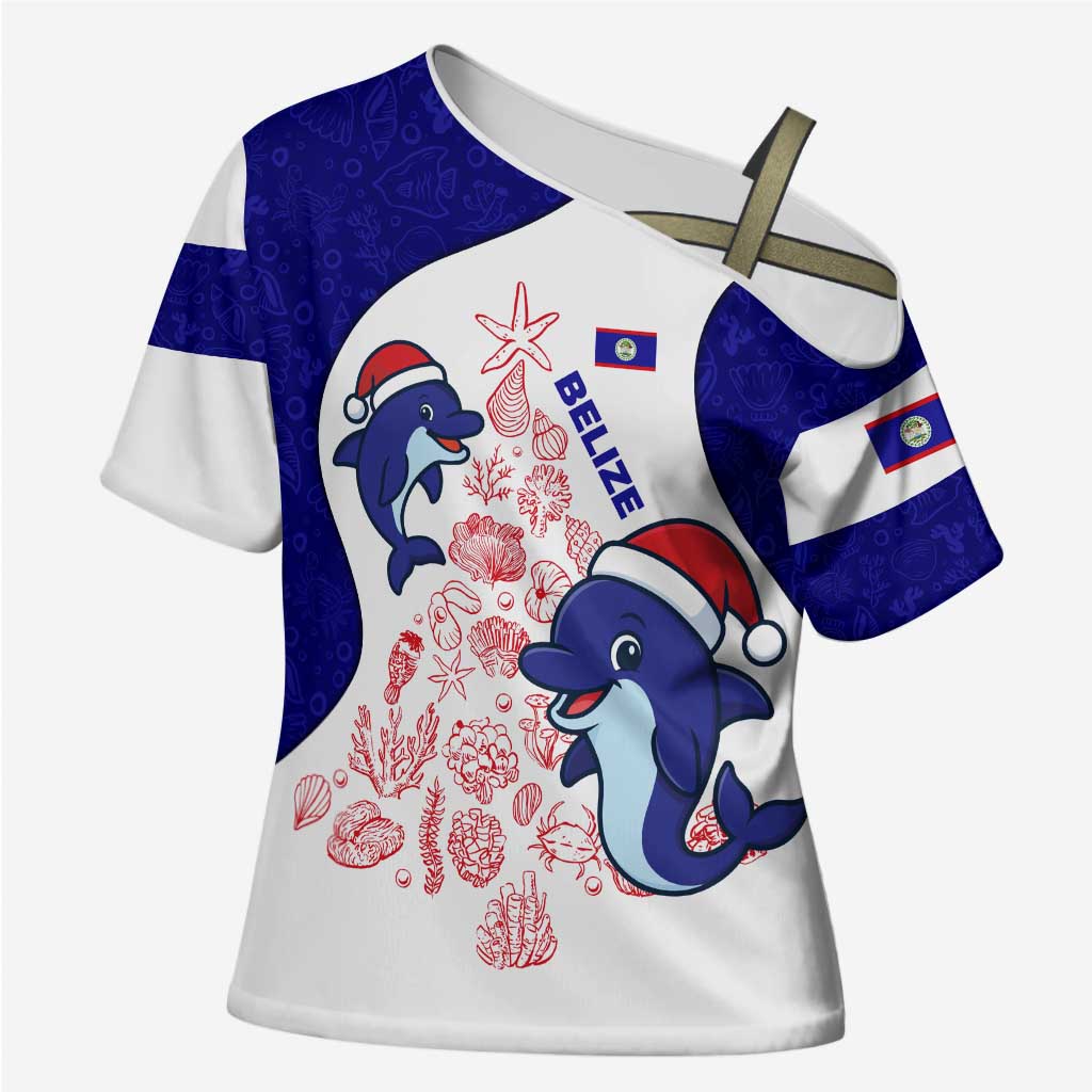 Belize Christmas Cross Shoulder Shirt with Santa Dolphins Coral Reef and Ocean Holiday Theme - Wonder Print Shop