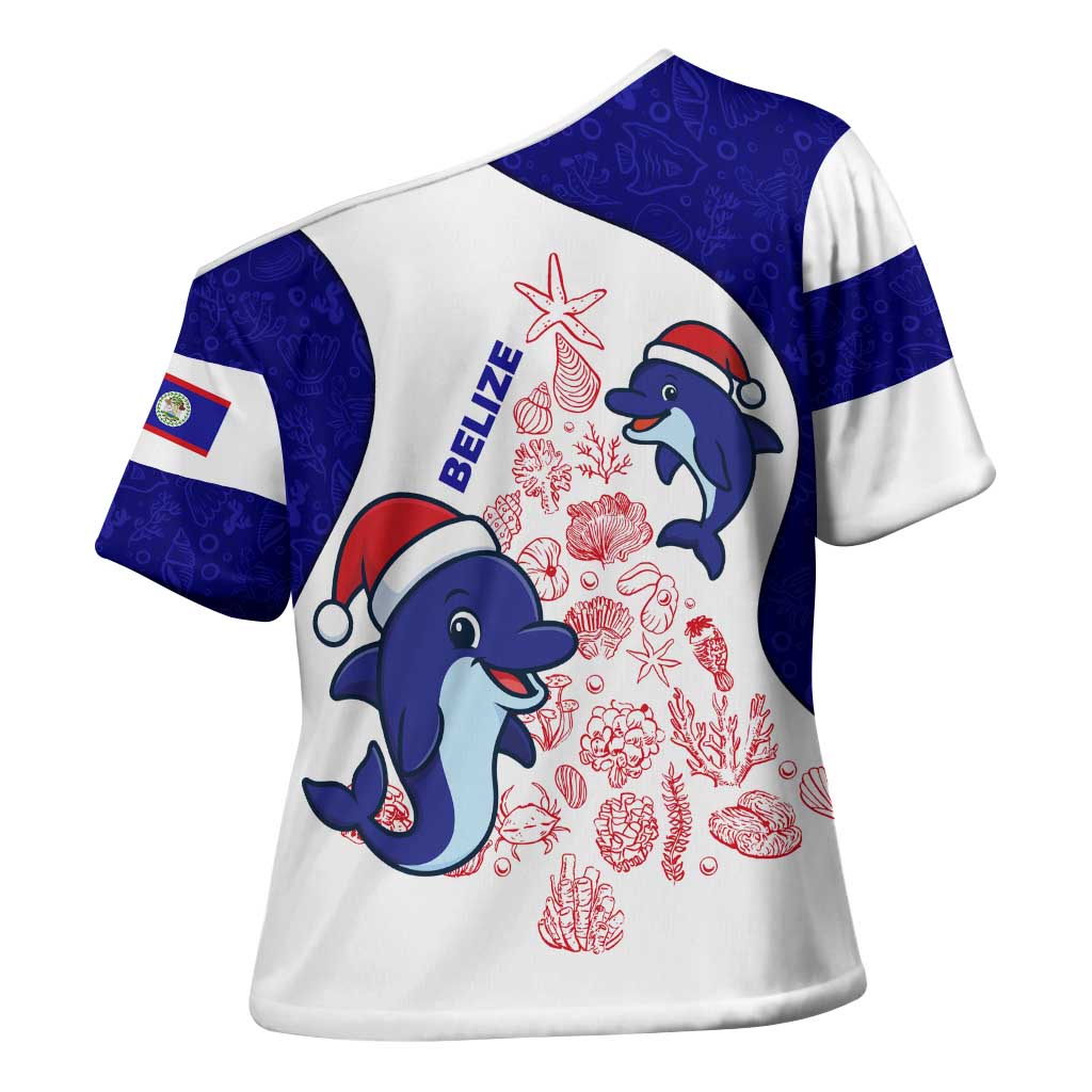 Belize Christmas Cross Shoulder Shirt with Santa Dolphins Coral Reef and Ocean Holiday Theme - Wonder Print Shop