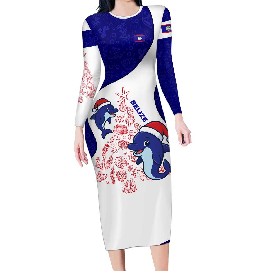 Belize Christmas Family Matching Long Sleeve Bodycon Dress and Hawaiian Shirt with Santa Dolphins Coral Reef and Ocean Holiday Theme - Wonder Print Shop