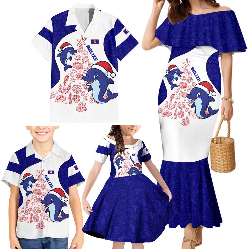 Belize Christmas Family Matching Mermaid Dress and Hawaiian Shirt with Santa Dolphins Coral Reef and Ocean Holiday Theme - Wonder Print Shop