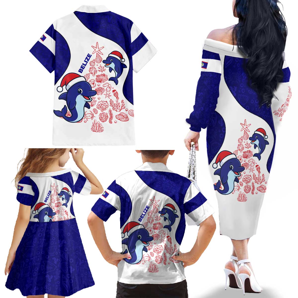 Belize Christmas Family Matching Off The Shoulder Long Sleeve Dress and Hawaiian Shirt with Santa Dolphins Coral Reef and Ocean Holiday Theme - Wonder Print Shop