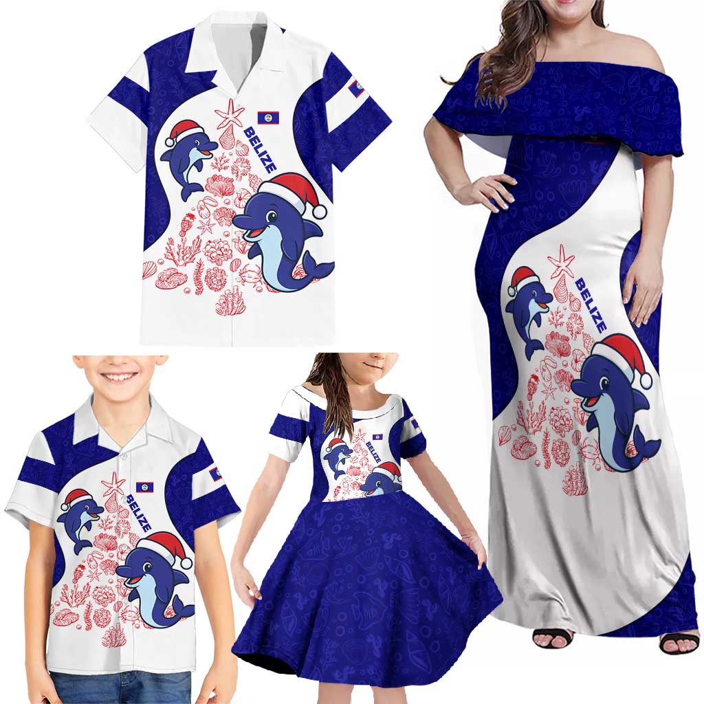 Belize Christmas Family Matching Off Shoulder Maxi Dress and Hawaiian Shirt with Santa Dolphins Coral Reef and Ocean Holiday Theme - Wonder Print Shop