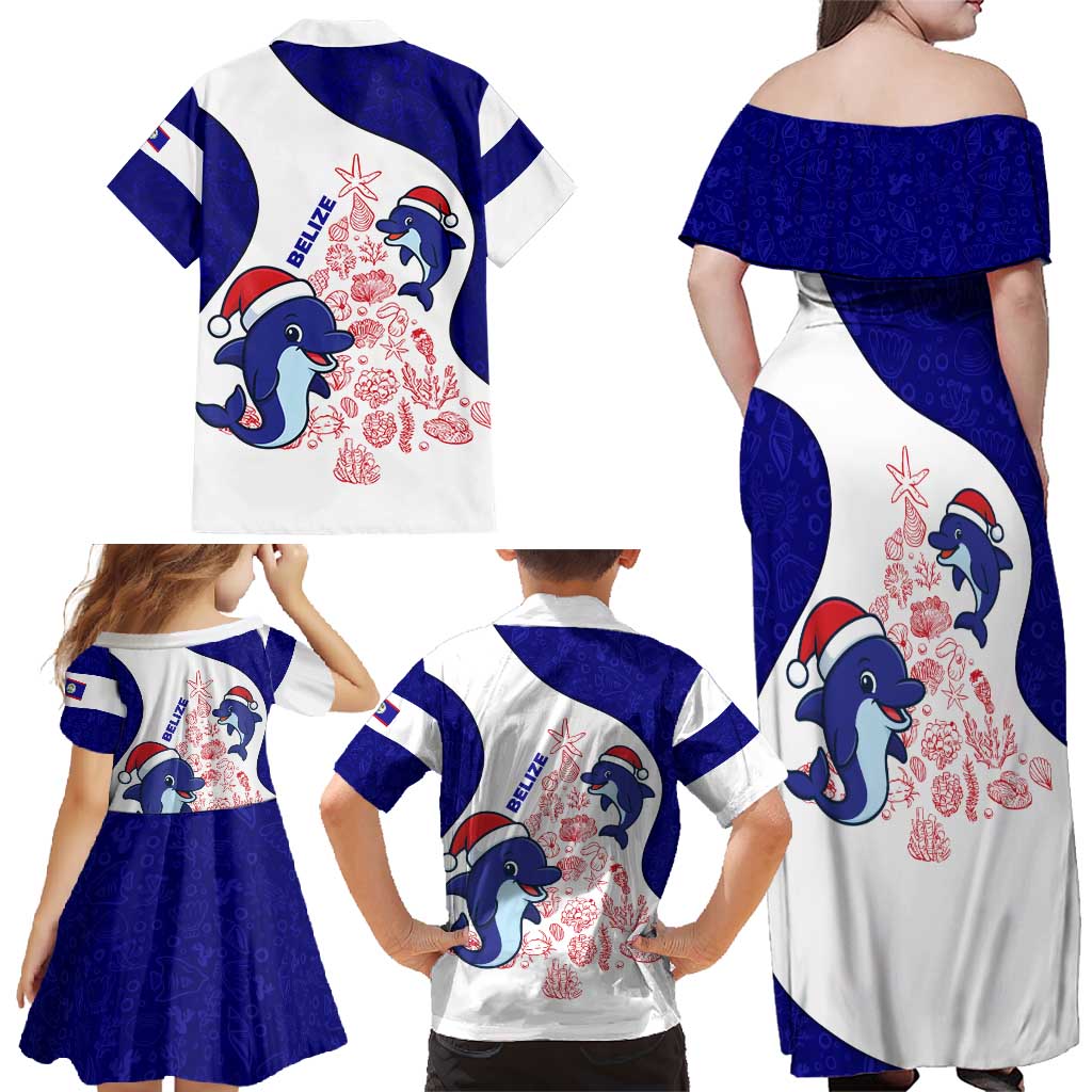 Belize Christmas Family Matching Off Shoulder Maxi Dress and Hawaiian Shirt with Santa Dolphins Coral Reef and Ocean Holiday Theme - Wonder Print Shop