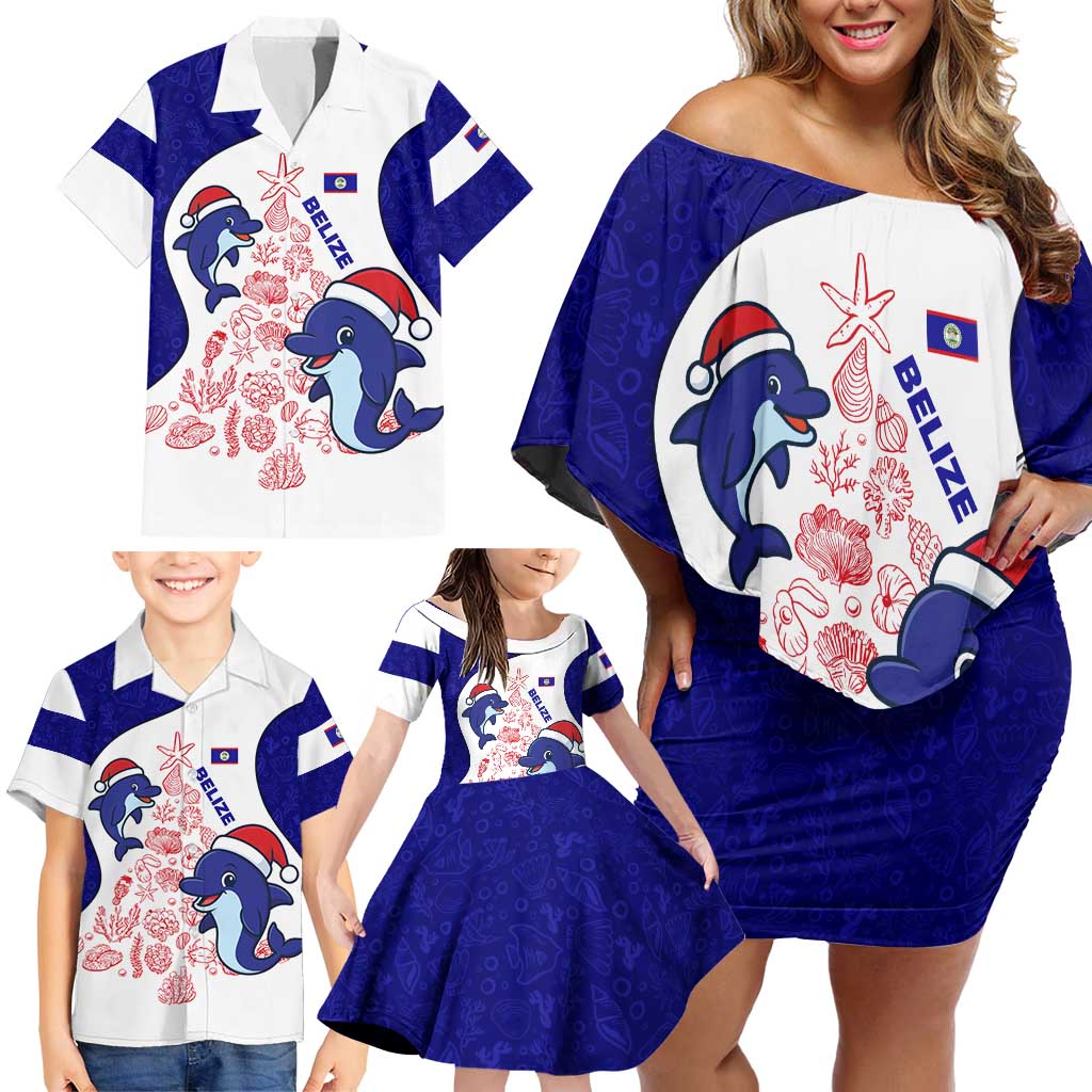 Belize Christmas Family Matching Off Shoulder Short Dress and Hawaiian Shirt with Santa Dolphins Coral Reef and Ocean Holiday Theme - Wonder Print Shop