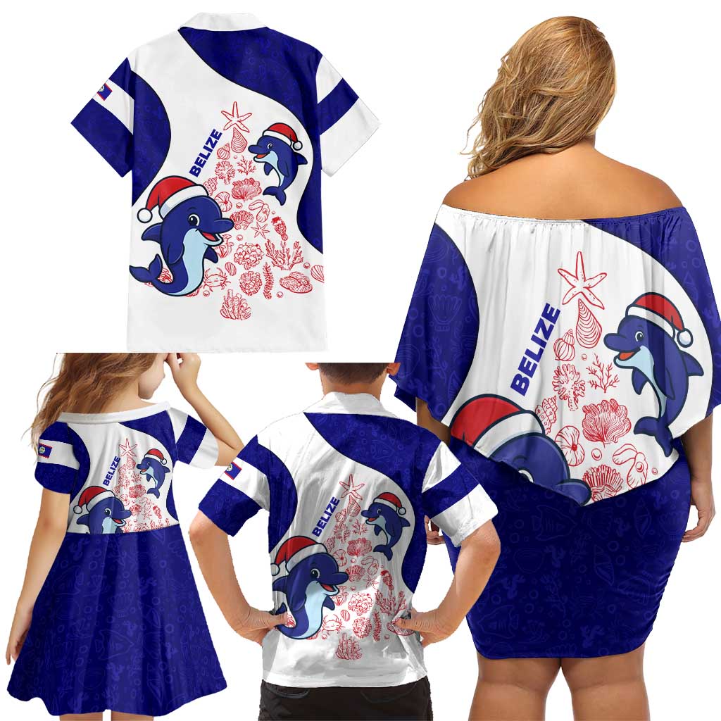 Belize Christmas Family Matching Off Shoulder Short Dress and Hawaiian Shirt with Santa Dolphins Coral Reef and Ocean Holiday Theme - Wonder Print Shop