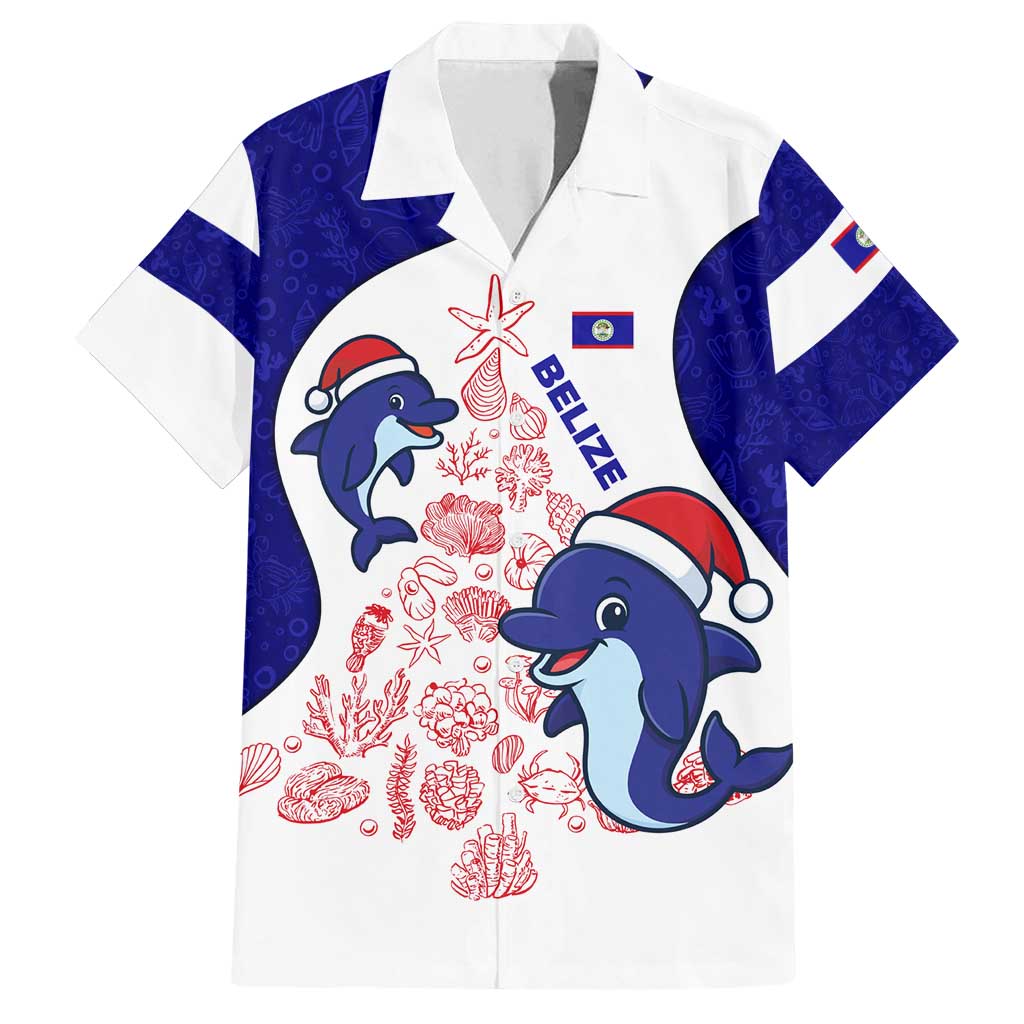Belize Christmas Family Matching Off Shoulder Short Dress and Hawaiian Shirt with Santa Dolphins Coral Reef and Ocean Holiday Theme - Wonder Print Shop