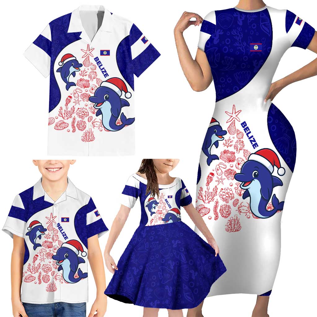 Belize Christmas Family Matching Short Sleeve Bodycon Dress and Hawaiian Shirt with Santa Dolphins Coral Reef and Ocean Holiday Theme - Wonder Print Shop