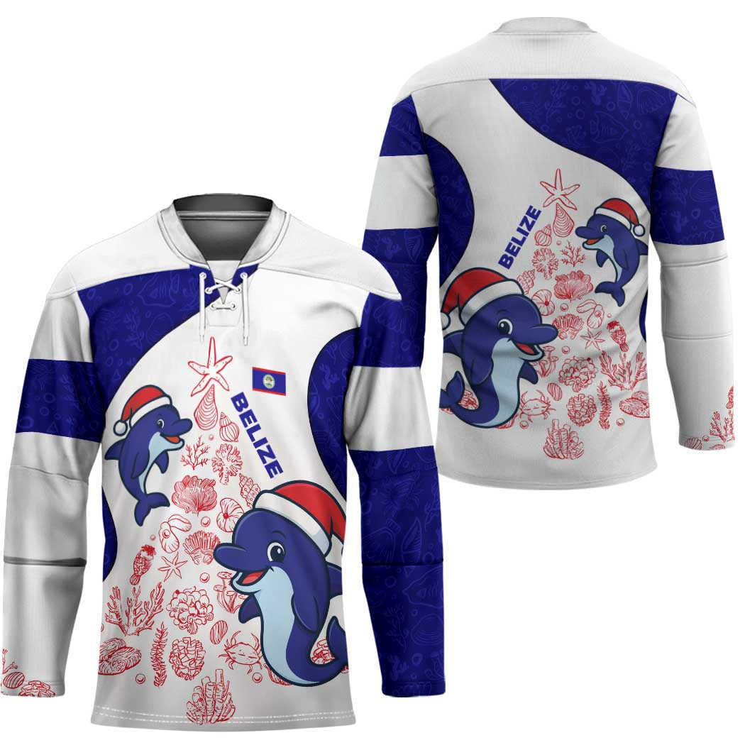 Belize Christmas Hockey Jersey with Santa Dolphins Coral Reef and Ocean Holiday Theme - Wonder Print Shop