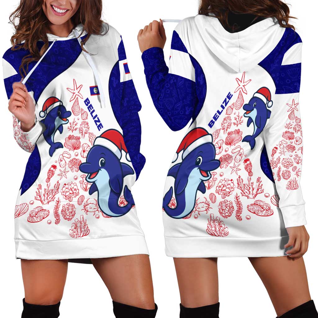 Belize Christmas Hoodie Dress with Santa Dolphins Coral Reef and Ocean Holiday Theme - Wonder Print Shop