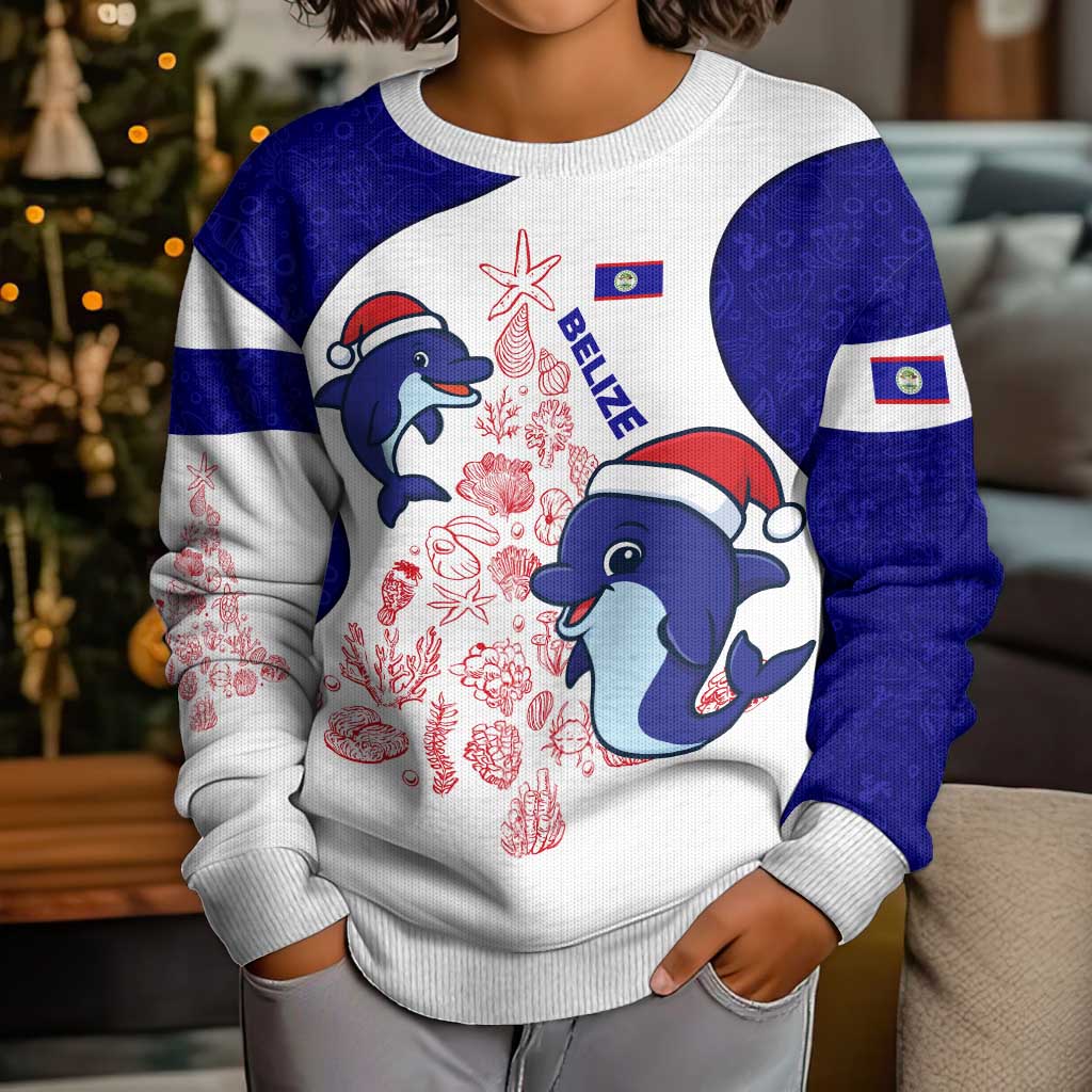 Belize Christmas Kid Ugly Christmas Sweater with Santa Dolphins Coral Reef and Ocean Holiday Theme - Wonder Print Shop