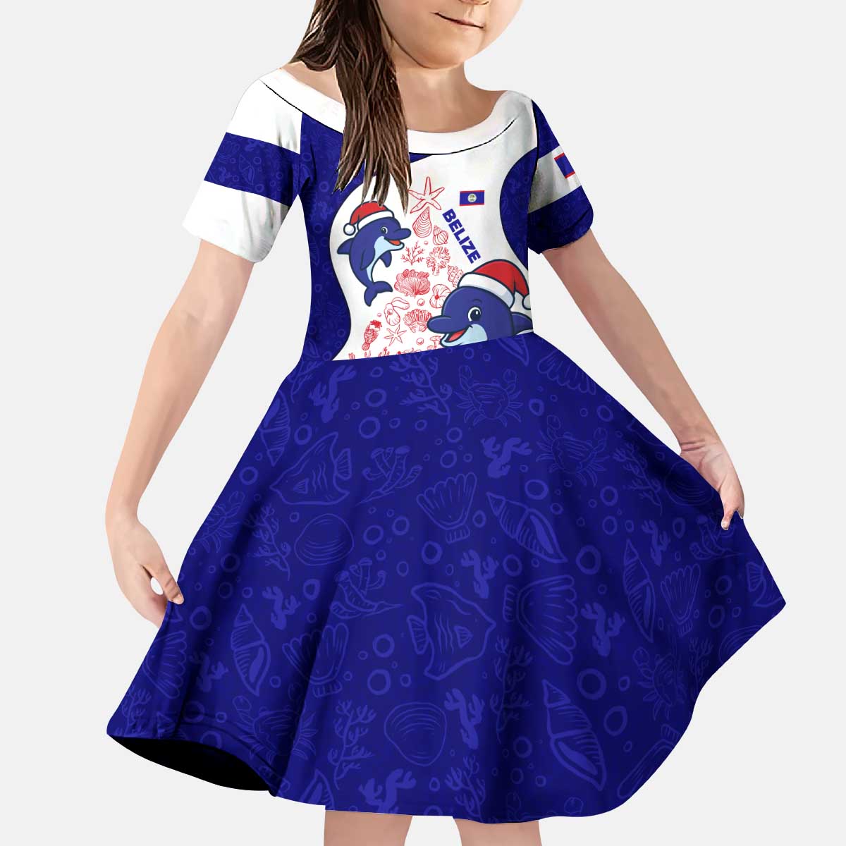 Belize Christmas Kid Short Sleeve Dress with Santa Dolphins Coral Reef and Ocean Holiday Theme - Wonder Print Shop