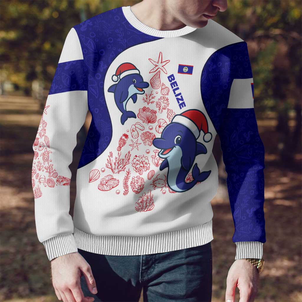 Belize Christmas Ugly Christmas Sweater with Santa Dolphins Coral Reef and Ocean Holiday Theme - Wonder Print Shop