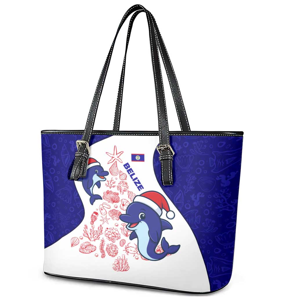 Belize Christmas Leather Tote Bag with Santa Dolphins Coral Reef and Ocean Holiday Theme - Wonder Print Shop