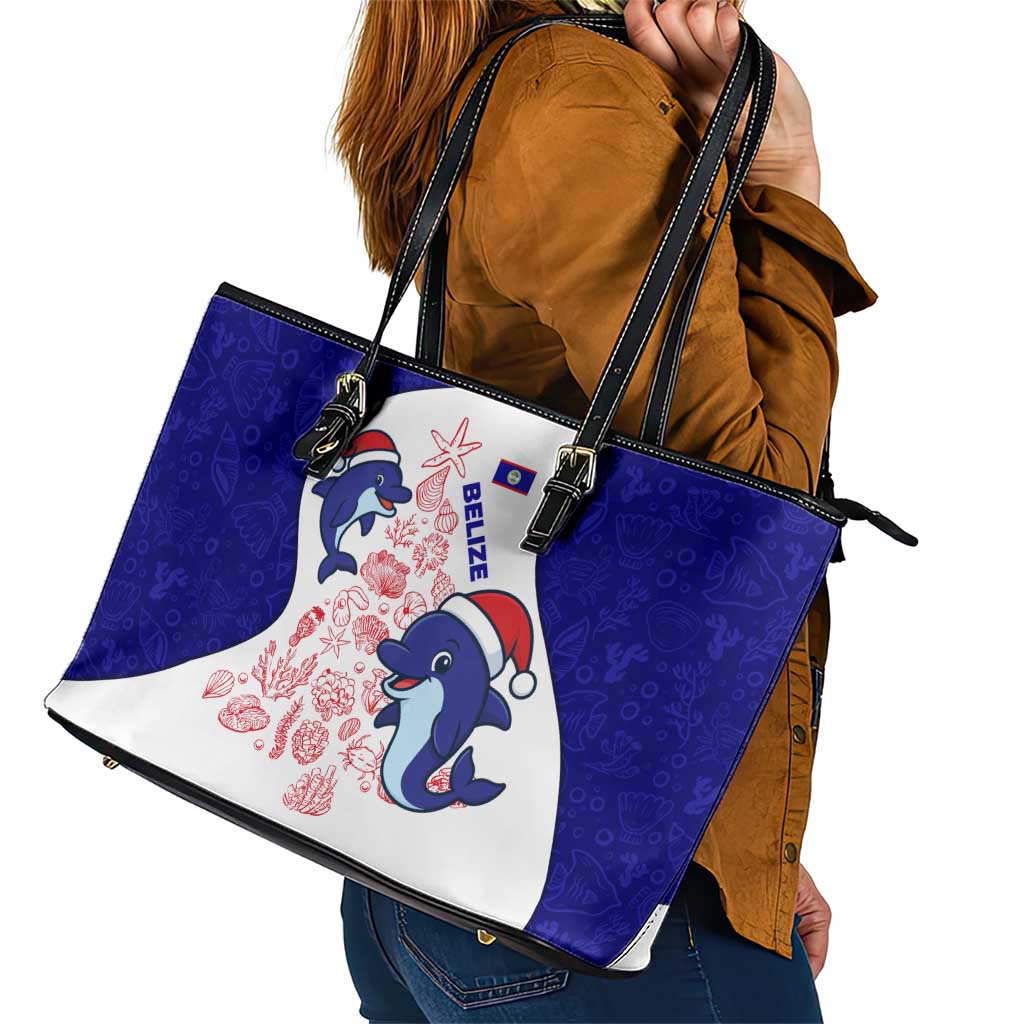 Belize Christmas Leather Tote Bag with Santa Dolphins Coral Reef and Ocean Holiday Theme - Wonder Print Shop