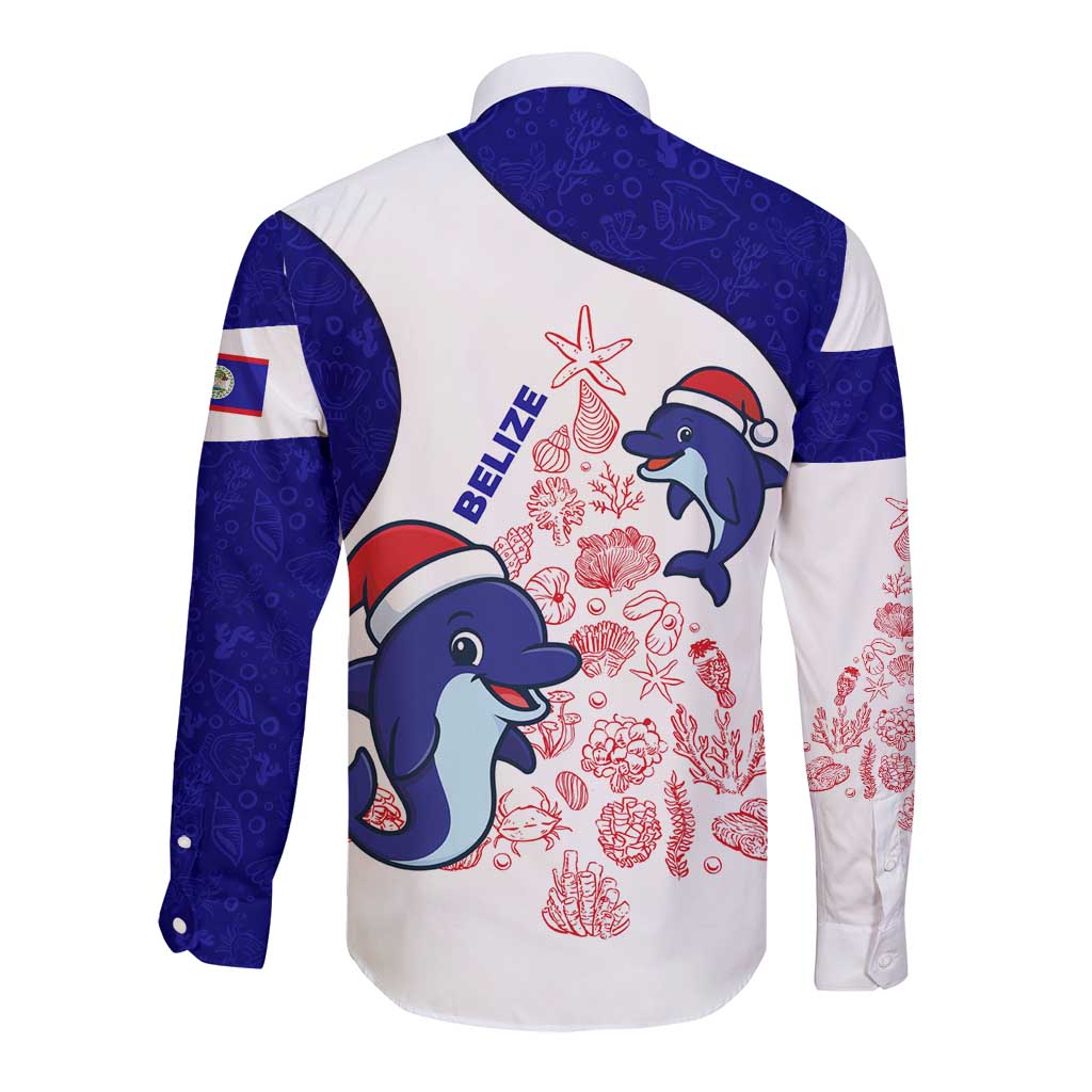 Belize Christmas Long Sleeve Button Shirt with Santa Dolphins Coral Reef and Ocean Holiday Theme - Wonder Print Shop