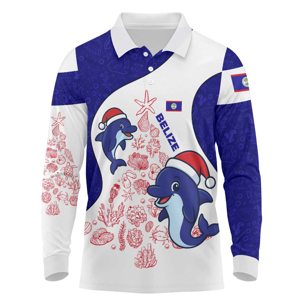 Belize Christmas Long Sleeve Polo Shirt with Santa Dolphins Coral Reef and Ocean Holiday Theme - Wonder Print Shop