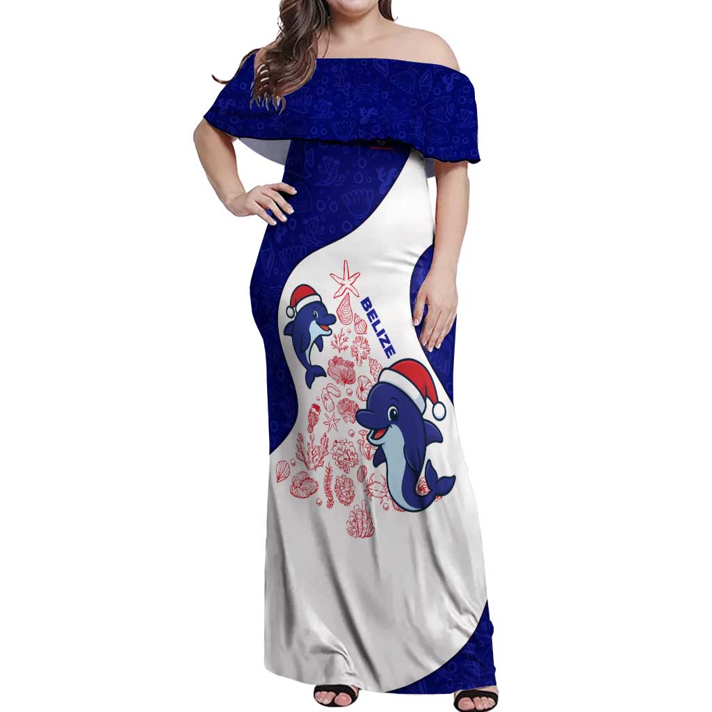 Belize Christmas Off Shoulder Maxi Dress with Santa Dolphins Coral Reef and Ocean Holiday Theme - Wonder Print Shop