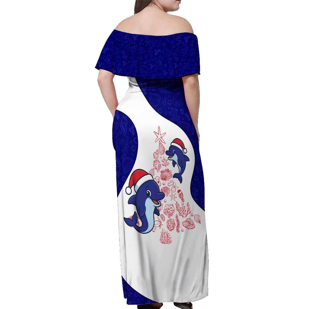 Belize Christmas Off Shoulder Maxi Dress with Santa Dolphins Coral Reef and Ocean Holiday Theme - Wonder Print Shop