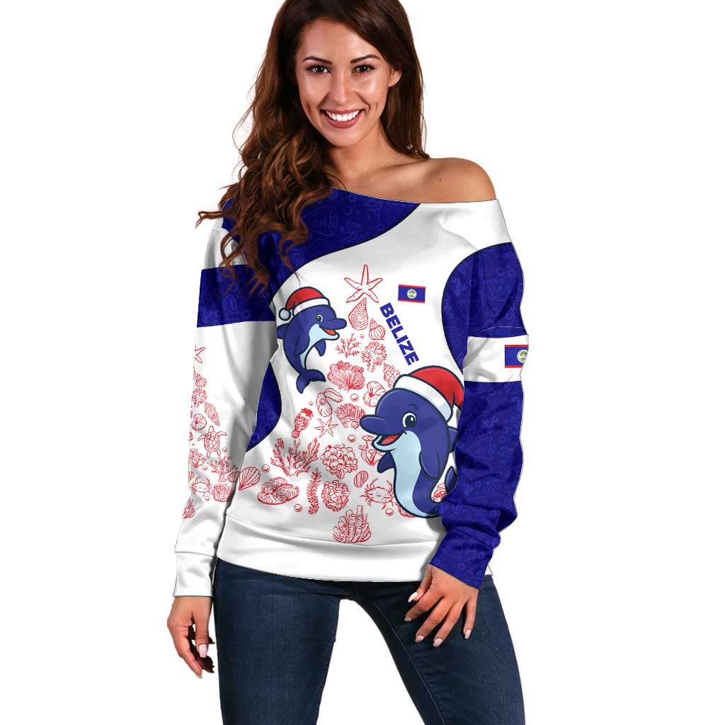 Belize Christmas Off Shoulder Sweater with Santa Dolphins Coral Reef and Ocean Holiday Theme - Wonder Print Shop