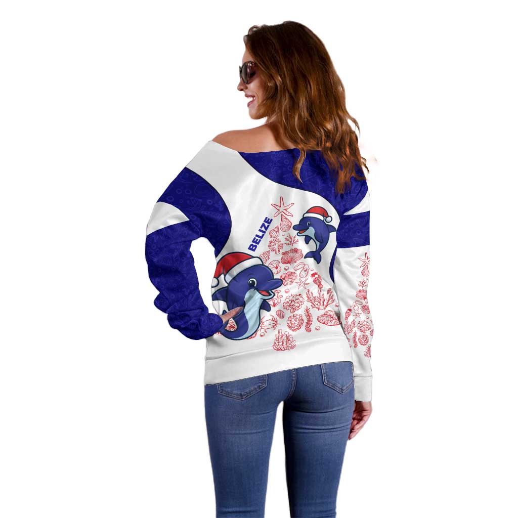 Belize Christmas Off Shoulder Sweater with Santa Dolphins Coral Reef and Ocean Holiday Theme - Wonder Print Shop
