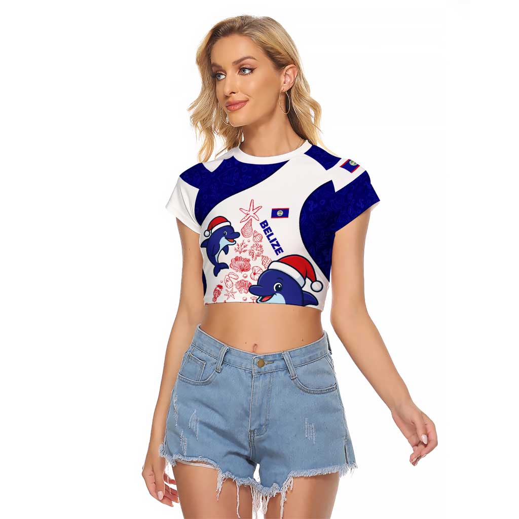 Belize Christmas Raglan Cropped T Shirt with Santa Dolphins Coral Reef and Ocean Holiday Theme - Wonder Print Shop