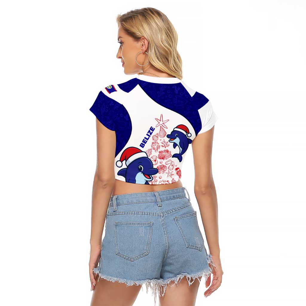 Belize Christmas Raglan Cropped T Shirt with Santa Dolphins Coral Reef and Ocean Holiday Theme - Wonder Print Shop