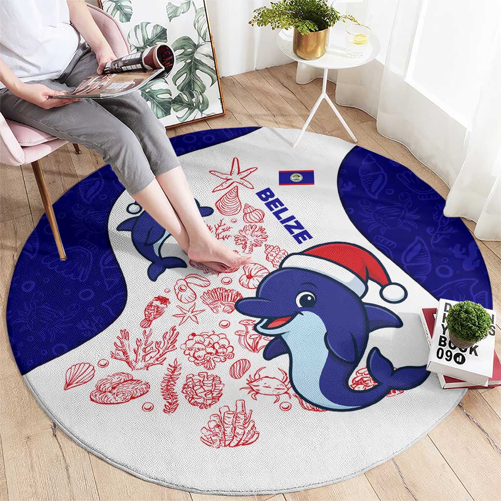 Belize Christmas Round Carpet with Santa Dolphins Coral Reef and Ocean Holiday Theme - Wonder Print Shop