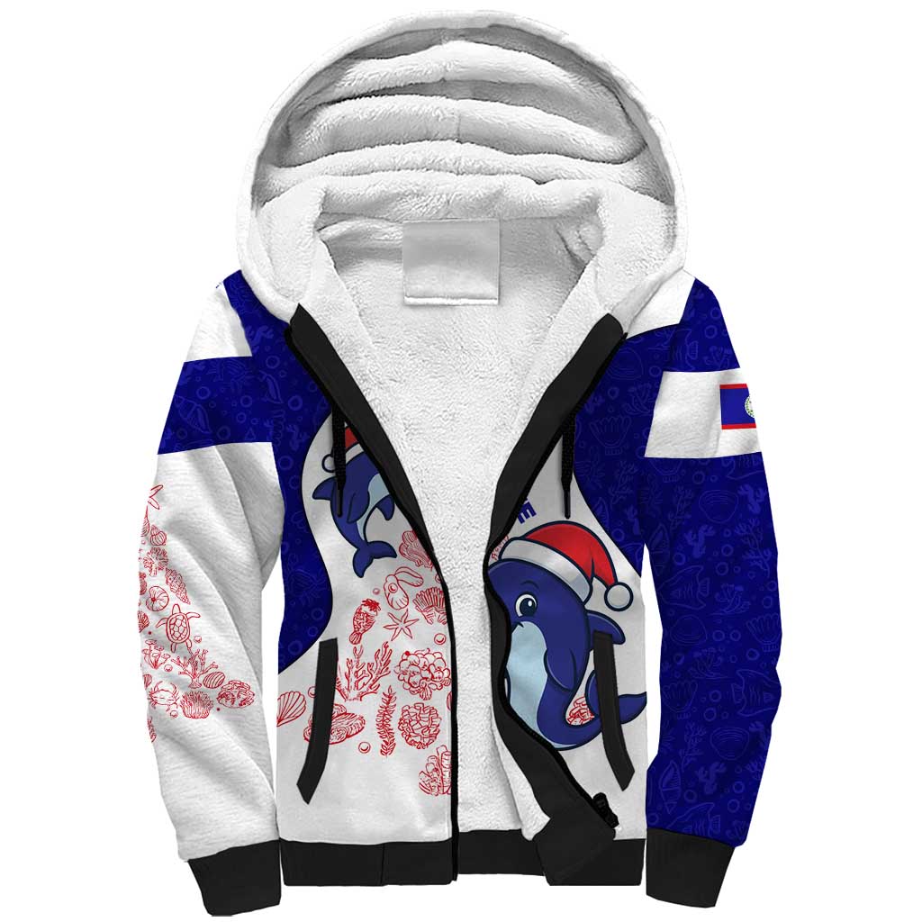Belize Christmas Sherpa Hoodie with Santa Dolphins Coral Reef and Ocean Holiday Theme - Wonder Print Shop