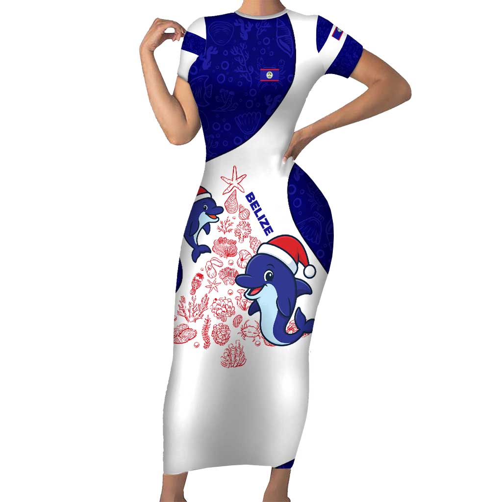 Belize Christmas Short Sleeve Bodycon Dress with Santa Dolphins Coral Reef and Ocean Holiday Theme - Wonder Print Shop
