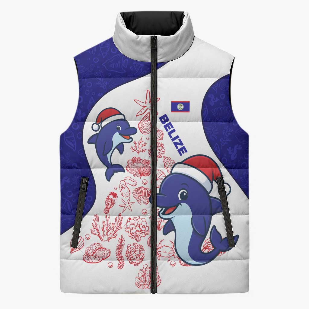 Belize Christmas Sleeveless Puffer Jacket with Santa Dolphins Coral Reef and Ocean Holiday Theme - Wonder Print Shop
