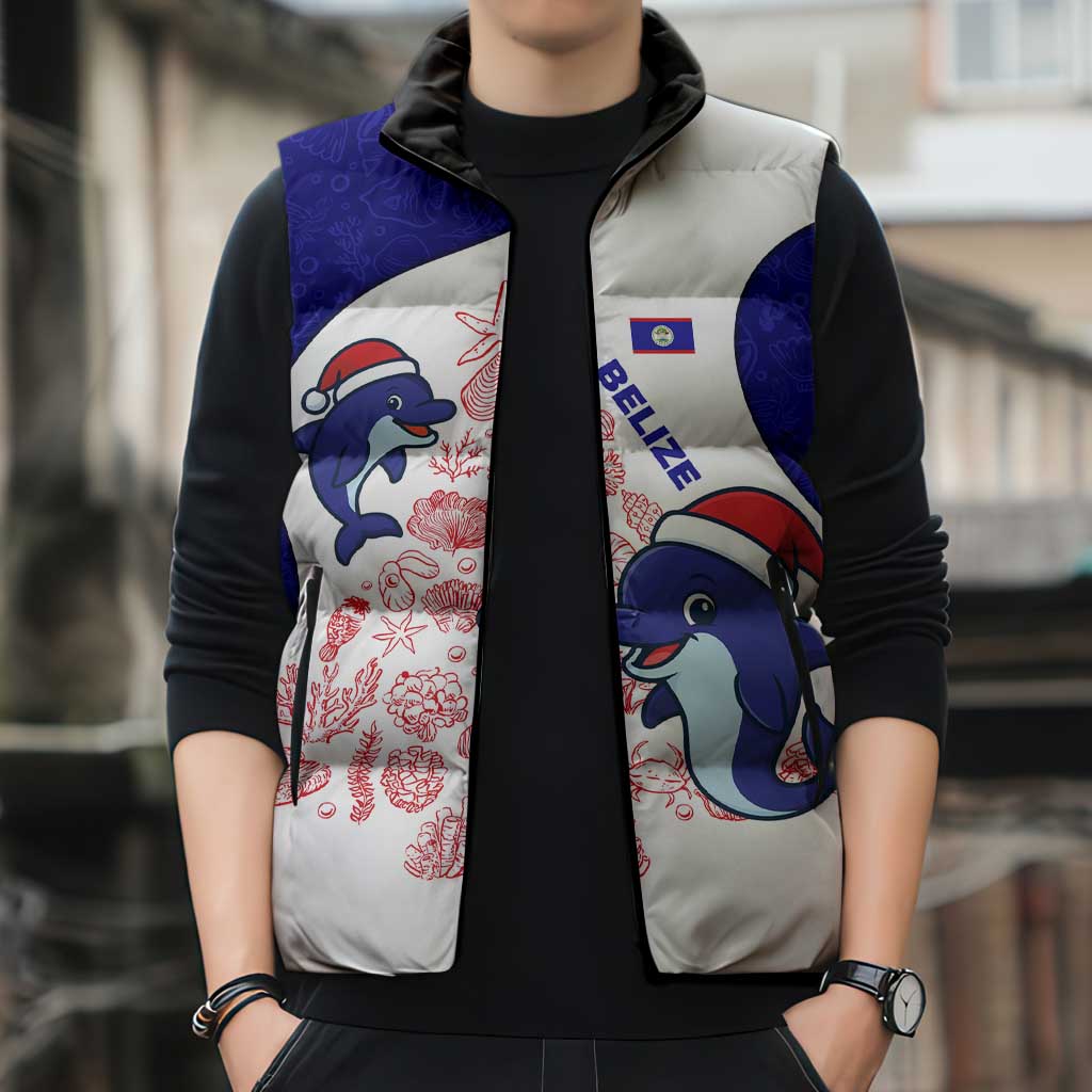 Belize Christmas Sleeveless Puffer Jacket with Santa Dolphins Coral Reef and Ocean Holiday Theme - Wonder Print Shop