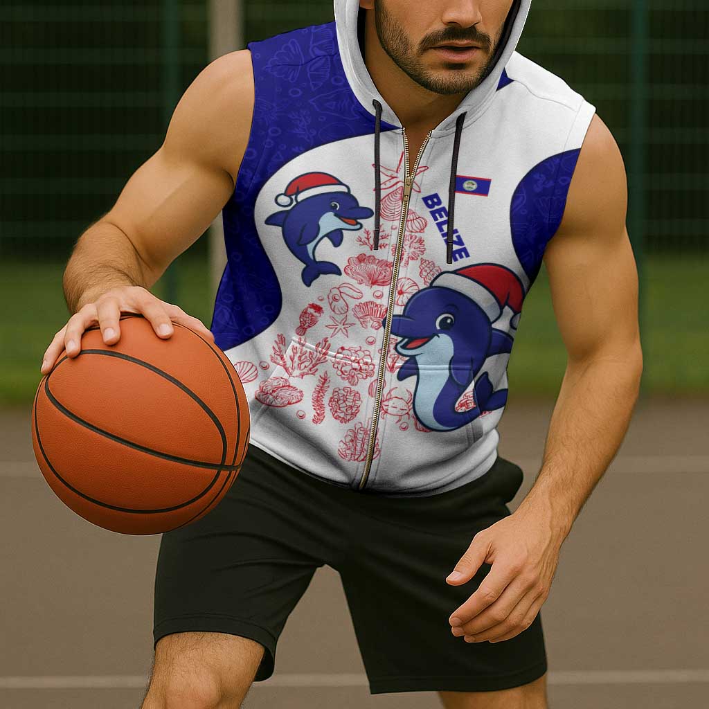 Belize Christmas Sleeveless Zip Hoodie with Santa Dolphins Coral Reef and Ocean Holiday Theme - Wonder Print Shop