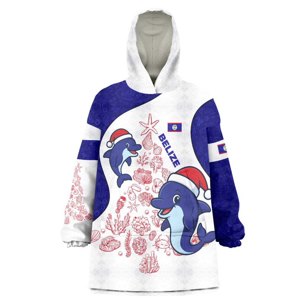 Belize Christmas Wearable Blanket Hoodie with Santa Dolphins Coral Reef and Ocean Holiday Theme - Wonder Print Shop