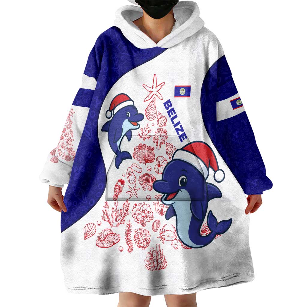 Belize Christmas Wearable Blanket Hoodie with Santa Dolphins Coral Reef and Ocean Holiday Theme - Wonder Print Shop