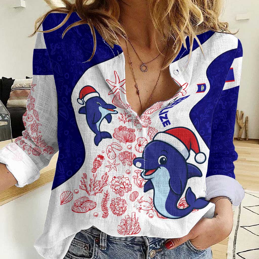 Belize Christmas Women Casual Shirt with Santa Dolphins Coral Reef and Ocean Holiday Theme - Wonder Print Shop