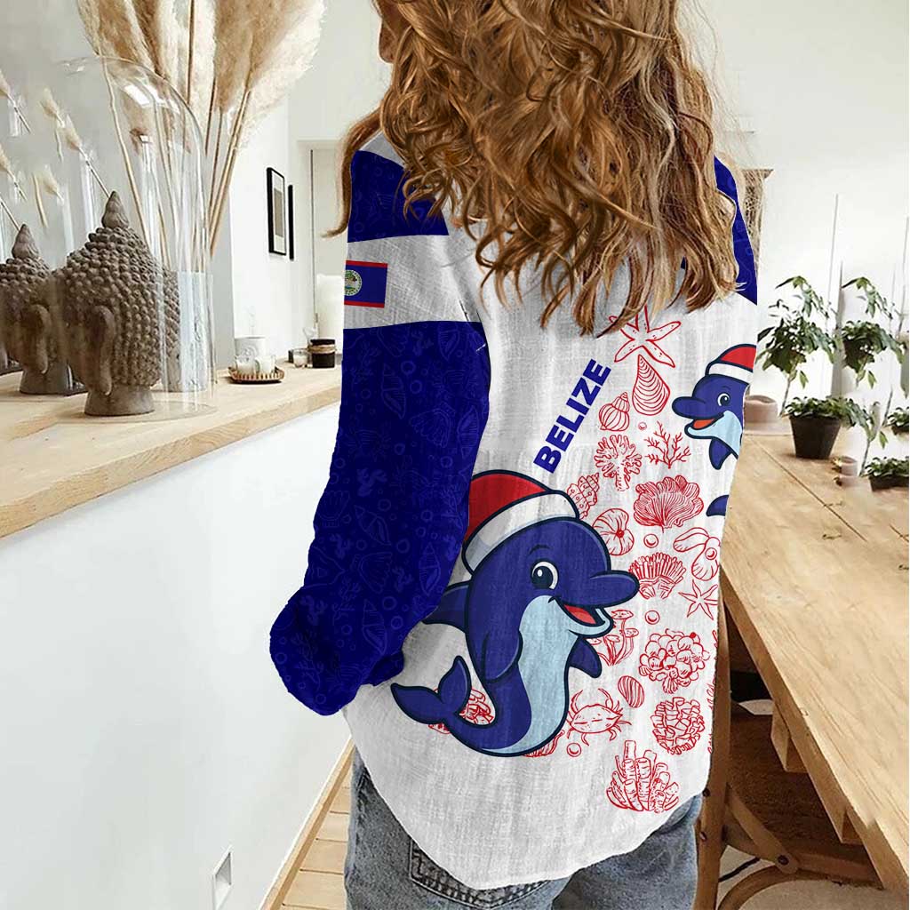 Belize Christmas Women Casual Shirt with Santa Dolphins Coral Reef and Ocean Holiday Theme - Wonder Print Shop