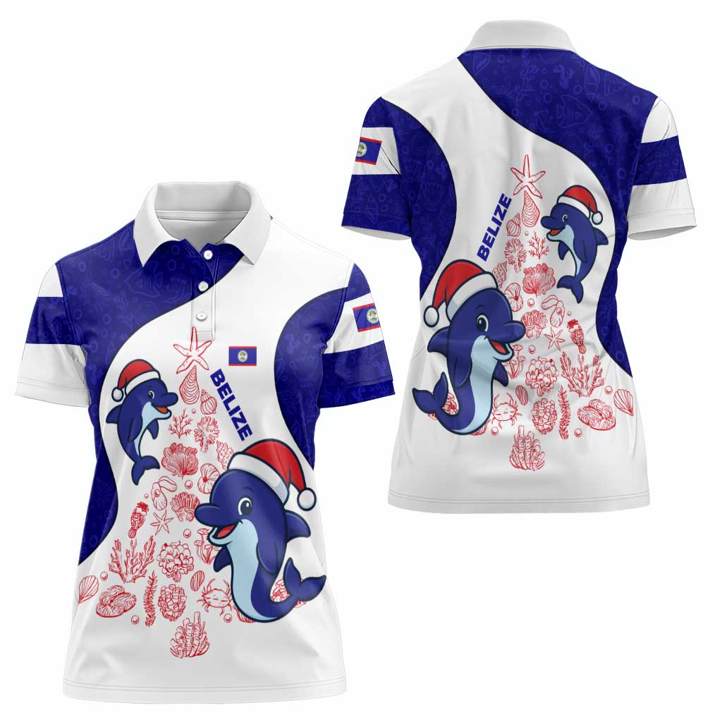 Belize Christmas Women Polo Shirt with Santa Dolphins Coral Reef and Ocean Holiday Theme - Wonder Print Shop