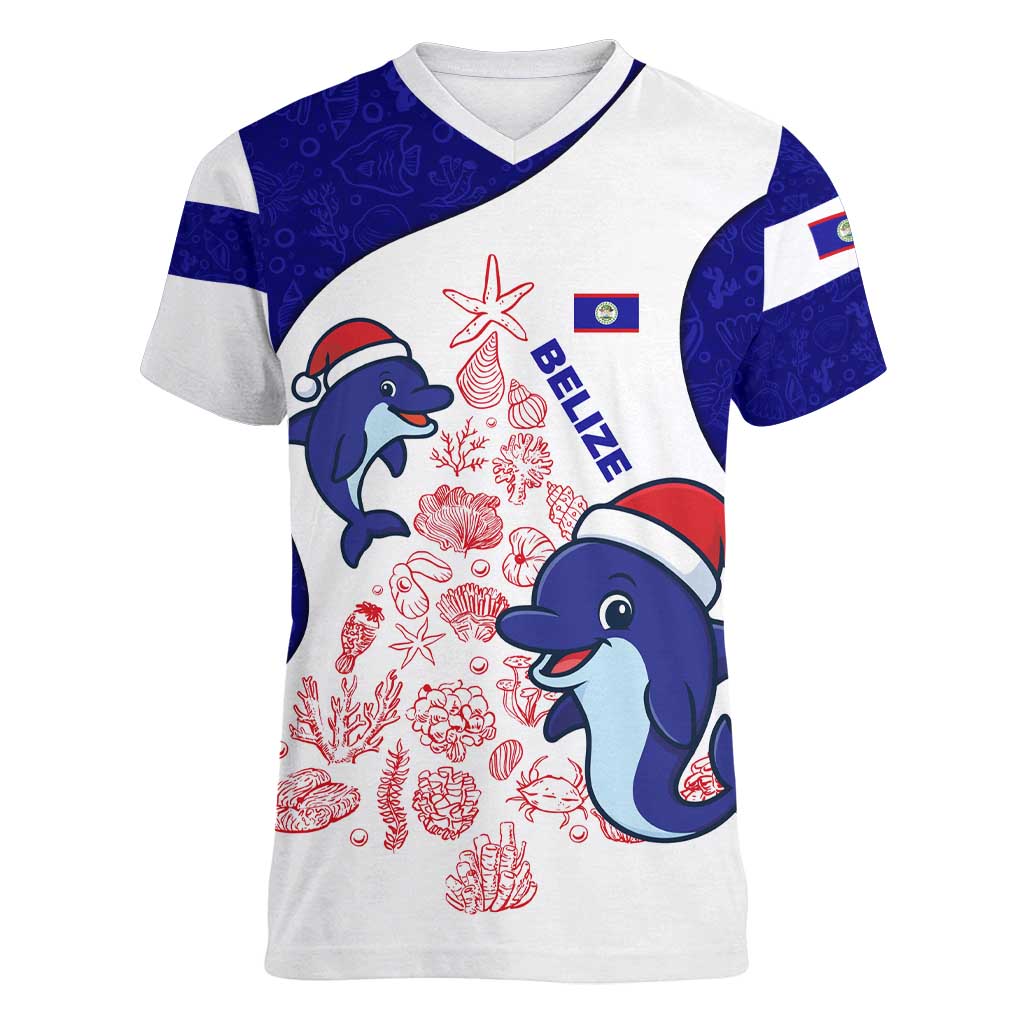 Belize Christmas Women V-Neck T-Shirt with Santa Dolphins Coral Reef and Ocean Holiday Theme - Wonder Print Shop