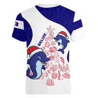 Belize Christmas Women V-Neck T-Shirt with Santa Dolphins Coral Reef and Ocean Holiday Theme - Wonder Print Shop
