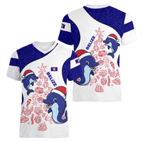Belize Christmas Women V-Neck T-Shirt with Santa Dolphins Coral Reef and Ocean Holiday Theme - Wonder Print Shop